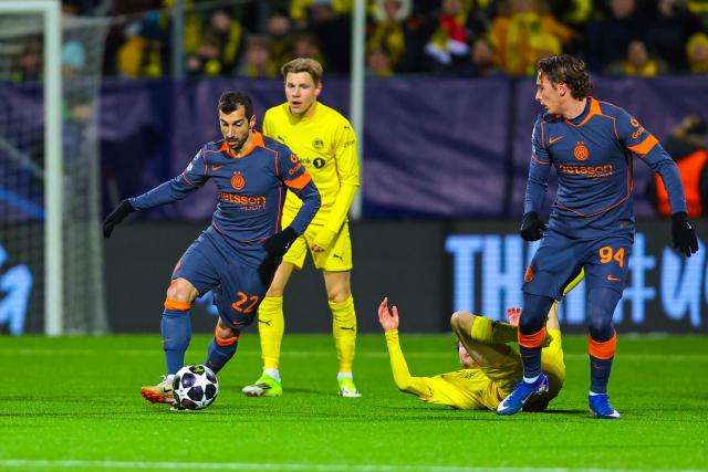 Inter Milan's Armenian forward #22 Henrikh Mkhitaryan controls the ball during the UEFA Champions League first-leg, play-off football match  Bodo/Glimt vs Inter Milan at Aspmyra statium in Bodo, Norway on February 18, 2026. (Photo by Thomas Andersen / NTB / AFP) / Norway OUT