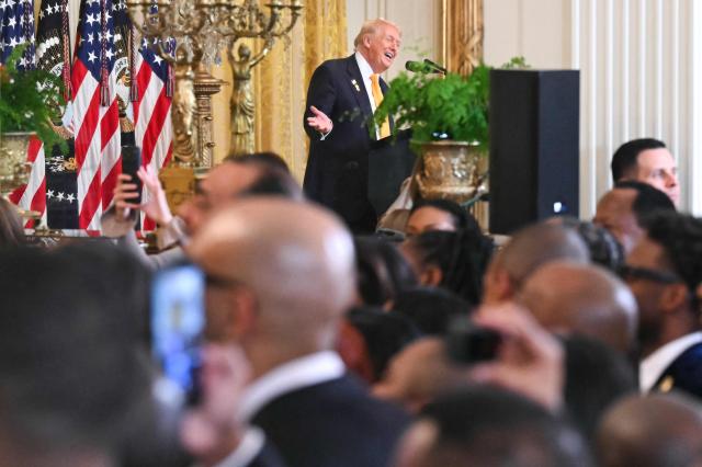 US President Donald Trump speaks during a Black History Month event in the East Room of the White House in Washington, DC, on February 18, 2026. (Photo by SAUL LOEB / AFP)