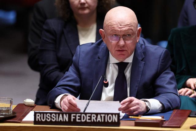 Russian Ambassador to the UN Vasily Nebenzya speaks during a United Nations Security Council meeting on the Middle East at UN headquarters in New York, on February 18, 2026. (Photo by CHARLY TRIBALLEAU / AFP)