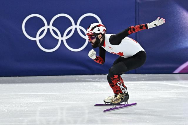 Canada's Steven Dubois competes in the short track speed skating men's 500m final during the Milano Cortina 2026 Winter Olympic Games at Milano Ice Skating Arena in Milan on February 18, 2026. (Photo by Gabriel BOUYS / AFP)