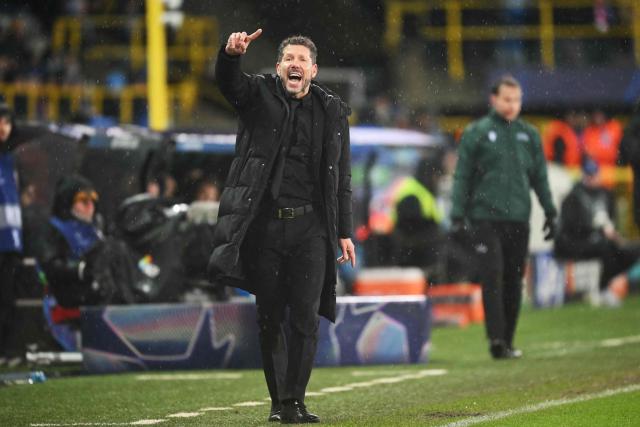 Atletico Madrid's Argentine coach Diego Simeone gestures during the UEFA Champions League knockout round play-off first leg football match between Club Brugge and Atletico Madrid at the Jan Breydel Stadium in Brugge on February 18, 2026. (Photo by NICOLAS TUCAT / AFP)
