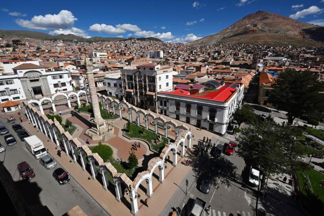 Aerial view of the Obelisk in the city of Potosi, Bolivia, taken on February 18, 2026. (Photo by AIZAR RALDES / AFP)