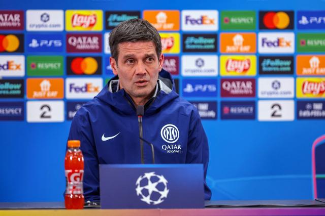 Inter Milan's Romanian head coach Cristian Chivu speaks at a press conference after the UEFA Champions League first-leg, play-off football match  Bodo/Glimt vs Inter Milan at Aspmyra statium in Bodo, Norway on February 18, 2026. (Photo by Thomas Andersen / NTB / AFP) / Norway OUT