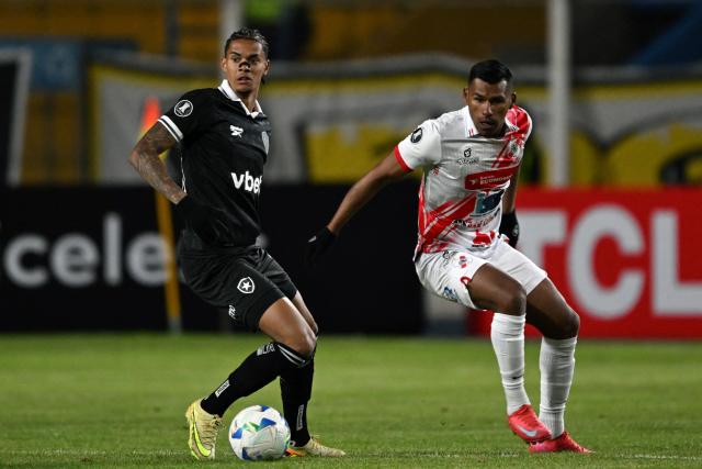 Botafogo's midfielder #28 Newton and Nacional Potosi's forward #19 Willan Alvarez fight for the ball during the Copa Libertadores phase two first-leg football match between Bolivia's Nacional Potosi and Brasil's Botafogo at the Victor Agustin Ugarte Stadium in Potosi, Bolivia, on February 18, 2026. (Photo by Aizar RALDES / AFP)