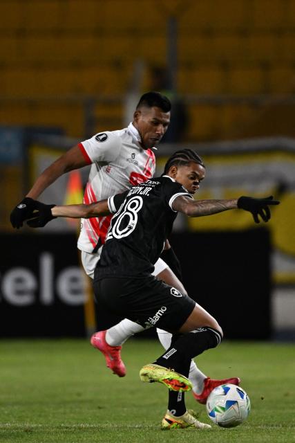 Nacional Potosi's forward #19 Willan Alvarez and Botafogo's midfielder #28 Newton fight for the ball during the Copa Libertadores phase two first-leg football match between Bolivia's Nacional Potosi and Brasil's Botafogo at the Victor Agustin Ugarte Stadium in Potosi, Bolivia, on February 18, 2026. aizar (Photo by Aizar RALDES / AFP)