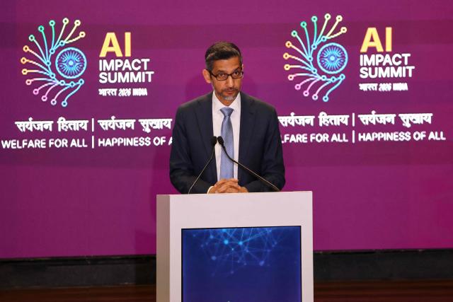 Google CEO Sundar Pichai delivers a speech during the AI Impact Summit in New Delhi on February 19, 2026. (Photo by Ludovic MARIN / AFP)
