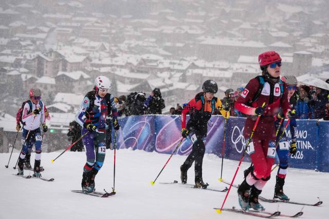 (From L) Norway's Ida Waldal, Slovakia's Rebeka Cully, Germany's Tatjana Paller and Switzerland's Caroline Ulrich compete in the women's sprint ski mountaineering heat 1 during the Milano Cortina 2026 Winter Olympic Games at the Stelvio Ski Centre in Bormio (Valtellina) on February 19, 2026. (Photo by Dimitar DILKOFF / AFP)