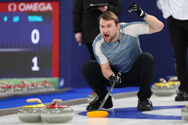 Norway's Gaute Nepstad reacts while competing in the curling men's round robin between Norway and Canada during the Milano Cortina 2026 Winter Olympic Games at the Cortina Curling Olympic Stadium in Cortina d’Ampezzo on February 19, 2026. (Photo by Odd ANDERSEN / AFP)