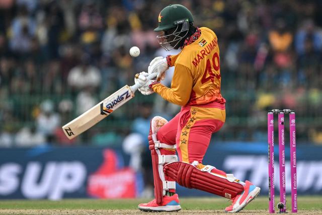 Zimbabwe's Tadiwanashe Marumani plays a shot during the 2026 ICC Men's T20 Cricket World Cup group stage match between Sri Lanka and Zimbabwe at the R Premadasa Stadium in Colombo on February 19, 2026. (Photo by Ishara S. KODIKARA / AFP)
