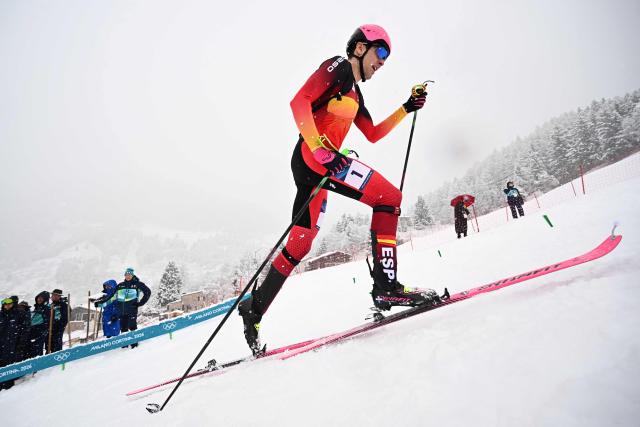 Spain's Oriol Cardona Coll competes in the men's sprint ski mountaineering semi-final 1 heat 1 during the Milano Cortina 2026 Winter Olympic Games at the Stelvio Ski Centre in Bormio (Valtellina) on February 19, 2026. (Photo by Fabrice COFFRINI / AFP)