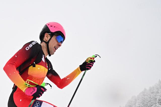 Spain's Oriol Cardona Coll competes in the men's sprint ski mountaineering semi-final heat 1 during the Milano Cortina 2026 Winter Olympic Games at the Stelvio Ski Centre in Bormio (Valtellina) on February 19, 2026. (Photo by Fabrice COFFRINI / AFP)