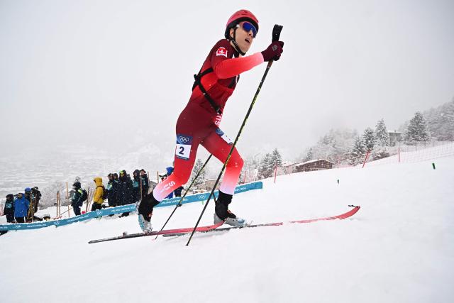 Switzerland's Jon Kistler competes in the men's sprint ski mountaineering semi-final 1 heat 1 during the Milano Cortina 2026 Winter Olympic Games at the Stelvio Ski Centre in Bormio (Valtellina) on February 19, 2026. (Photo by Fabrice COFFRINI / AFP)