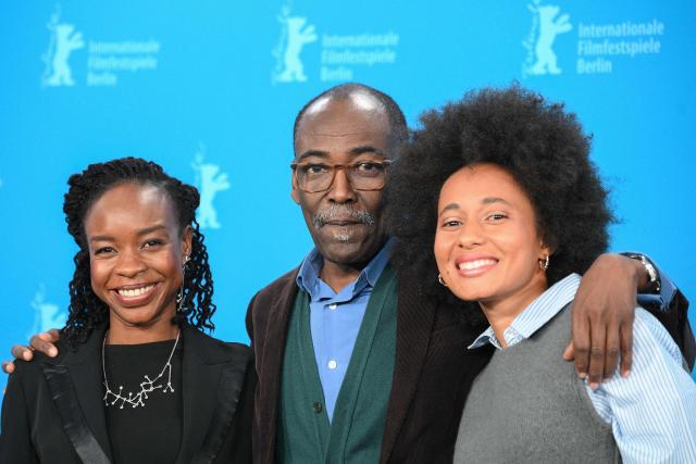 (L-R) Chadian actress Achouackh Abakar Souleymane, Chadian director Mahamat-Saleh Haroun and Chadian actress Maimouna Miawama pose during a photo call for the film "Soumsoum, la nuit des astres" (Soumsoum, the Night of the Stars) presented in competition at the 76th Berlinale, Europe's first major film festival of the year, in Berlin on February 19, 2026. (Photo by RALF HIRSCHBERGER / AFP)