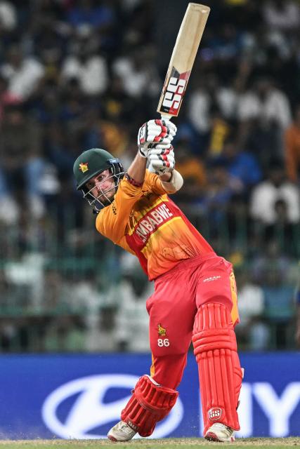 Zimbabwe's Brian Bennett plays a shot during the 2026 ICC Men's T20 Cricket World Cup group stage match between Sri Lanka and Zimbabwe at the R Premadasa Stadium in Colombo on February 19, 2026. (Photo by Ishara S. KODIKARA / AFP)
