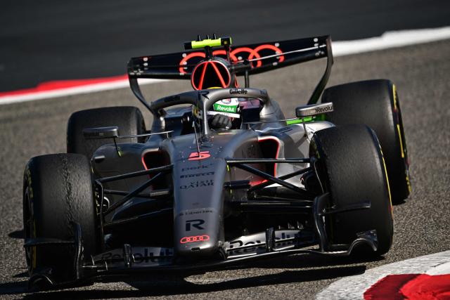 Audi's Brazilian driver Gabriel Bortoleto drives on the second day of the Formula One pre-season testing event at the Bahrain International Circuit in Sakhir on February 19, 2026.  (Photo by Giuseppe CACACE / AFP)