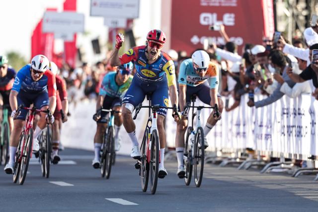 Jonathan Lidl-Trek's Italian rider Jonathan Milan reacts after crossing the finish line first during the fourth stage of the UAE Tour cycling event in al-Fujairah on February 19, 2026. (Photo by Fadel SENNA / AFP)
