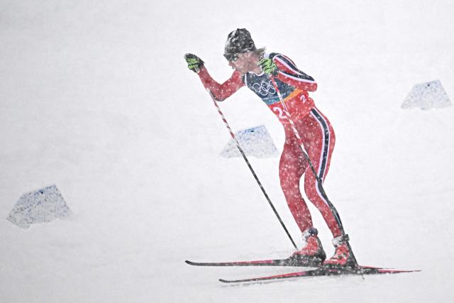 Norway's Andreas Skoglund competes under a snowfall in the cross-country of the nordic combined team sprint large hill event at Tesero Cross Country Stadium at Lago di Tesero (Val di Fiemme) during the Milano Cortina 2026 Winter Olympic Games on February 19, 2026. (Photo by Tobias SCHWARZ / AFP)