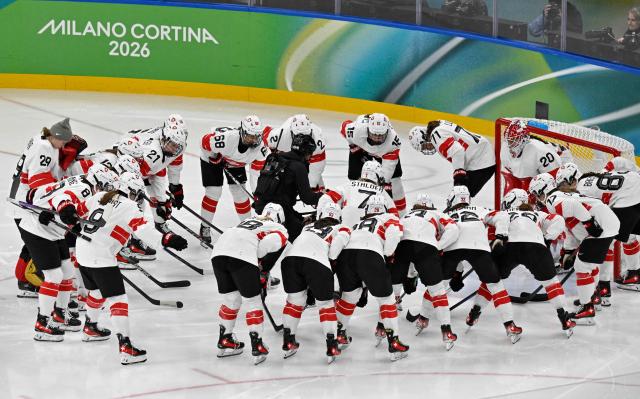 Switzerland's players warm up prior to the women's bronze medal ice hockey match between Switzerland and Sweden at the Milano Santagiulia Ice Hockey Arena during the Milano Cortina 2026 Winter Olympic Games in Milan, on February 19, 2026. (Photo by Alexander NEMENOV / AFP)