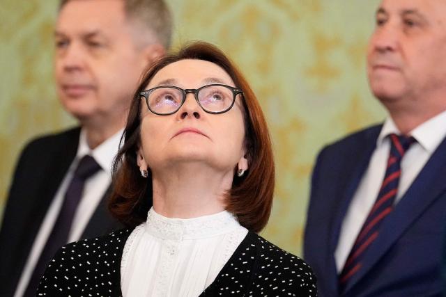 Russian Central Bank Chief Elvira Nabiullina attends a meeting between Russian President and Madagascar's President at the Grand Kremlin Palace in Moscow on February 19, 2026. (Photo by Alexander Zemlianichenko / POOL / AFP)