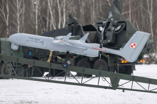 A Polish-made PGZ-19RA Orlik – tactical short-range unmanned aerial vehicle (UAV) is pictured during an open test of unmanned weapon systems conducted by the Polish Armaments Group (Polska Grupa Zbrojeniowa) at the Military Institute of Armament Technology training ground in Zielonka, Warsaw suburbia, on February 19, 2026. (Photo by Wojtek RADWANSKI / AFP)