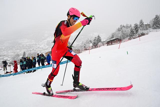 Spain's Oriol Cardona Coll competes in the men's sprint ski mountaineering final during the Milano Cortina 2026 Winter Olympic Games at the Stelvio Ski Centre in Bormio (Valtellina) on February 19, 2026. (Photo by Fabrice COFFRINI / AFP)