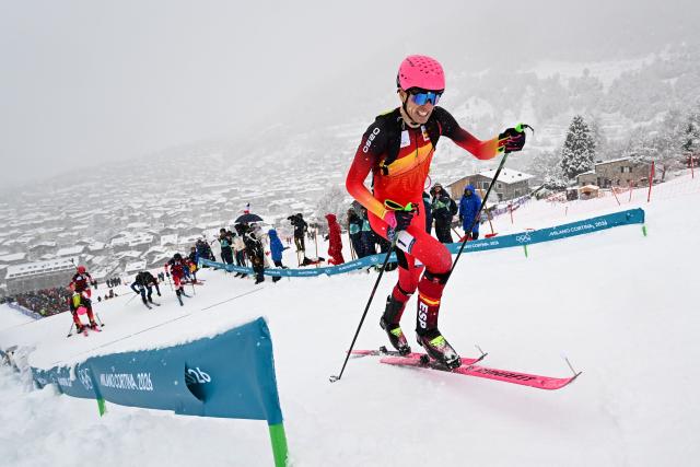 Spain's Oriol Cardona Coll competes in the men's sprint ski mountaineering final during the Milano Cortina 2026 Winter Olympic Games at the Stelvio Ski Centre in Bormio (Valtellina) on February 19, 2026. (Photo by Fabrice COFFRINI / AFP)
