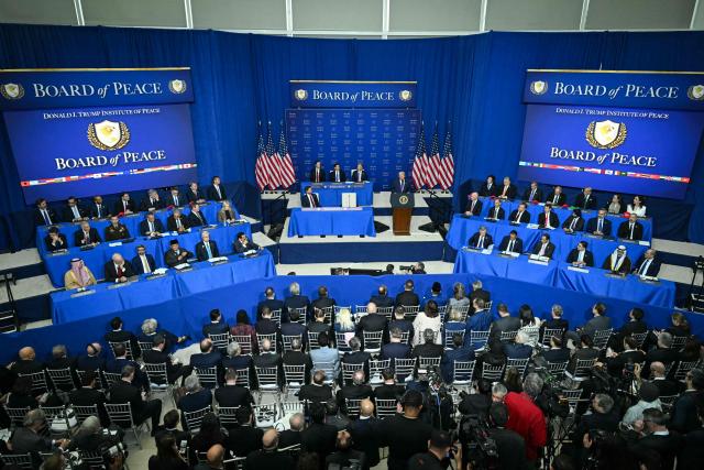 US President Donald Trump delivers remarks during the inaugural meeting of the "Board of Peace" at the US Institute of Peace in Washington, DC, on February 19, 2026. President Trump on Thursday gathers allies to inaugurate the "Board of Peace," his new institution focused on progress on Gaza but whose ambitions reach much further. Around two dozen world leaders or other senior officials have come to Washington for the meeting -- including several of Trump's authoritarian-leaning friends and virtually none of the European democrats that traditionally sign on to US initiatives. (Photo by SAUL LOEB / AFP)