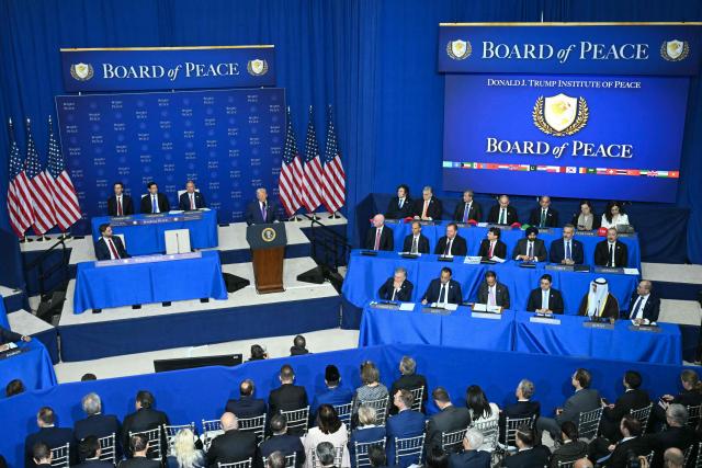 US President Donald Trump delivers remarks during the inaugural meeting of the "Board of Peace" at the US Institute of Peace in Washington, DC, on February 19, 2026. President Trump on Thursday gathers allies to inaugurate the "Board of Peace," his new institution focused on progress on Gaza but whose ambitions reach much further. Around two dozen world leaders or other senior officials have come to Washington for the meeting -- including several of Trump's authoritarian-leaning friends and virtually none of the European democrats that traditionally sign on to US initiatives. (Photo by SAUL LOEB / AFP)
