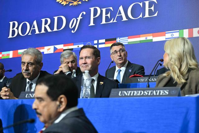 Israeli Foreign Minister Gideon Saar (2R) speaks during the inaugural meeting of the "Board of Peace" hosted by US President Donald Trump at the US Institute of Peace in Washington, DC, on February 19, 2026. President Trump on Thursday gathers allies to inaugurate the "Board of Peace," his new institution focused on progress on Gaza but whose ambitions reach much further. Around two dozen world leaders or other senior officials have come to Washington for the meeting -- including several of Trump's authoritarian-leaning friends and virtually none of the European democrats that traditionally sign on to US initiatives. (Photo by SAUL LOEB / AFP)