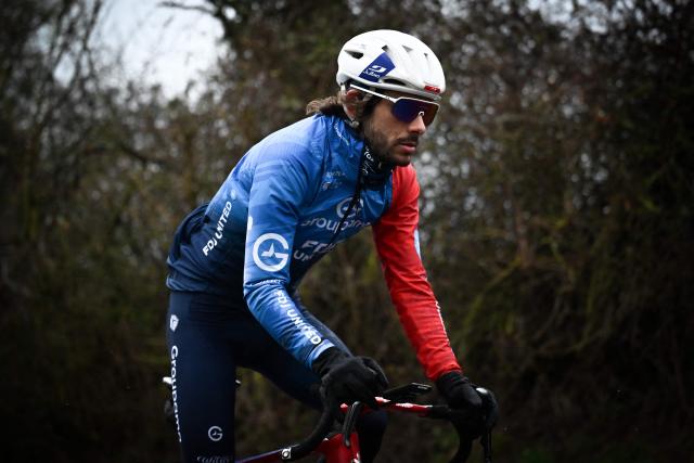 Groupama-FDJ's French cyclist Guillaume Martin-Guyonnet rides during a training session in Putot-en-Auge, north-western france on February 19, 2026. French cyclist Guillaume Martin Guyonnet was the best climber in the 2020 Tour of Spain, came third in the Criterium du Dauphine the same year, and finished eighth in the 2021 Tour de France. He is also the author of several books on philosophy and its application to sport. (Photo by Lou BENOIST / AFP)