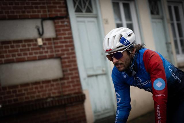 Groupama-FDJ's French cyclist Guillaume Martin-Guyonnet rides during a training session in Blangy-le-Chateau, north-western france on February 19, 2026. French cyclist Guillaume Martin Guyonnet was the best climber in the 2020 Tour of Spain, came third in the Criterium du Dauphine the same year, and finished eighth in the 2021 Tour de France. He is also the author of several books on philosophy and its application to sport. (Photo by Lou BENOIST / AFP)