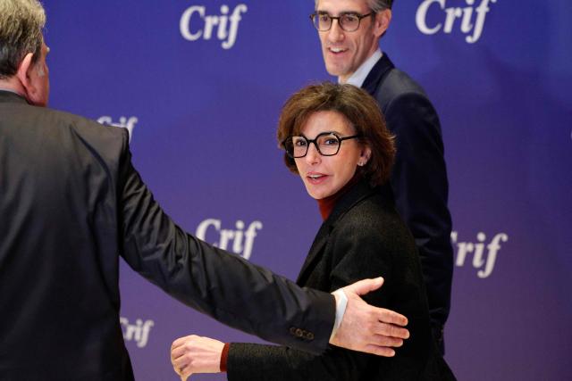 France's Culture Minister Rachida Dati (L) and Mayor of the 16th arrondissement of Paris Jeremy Redler arrive to attend the annual dinner of the Representative Council of Jewish Institutions of France (CRIF - Conseil Representatif des Institutions juives de France) at the Louvre Carrousel in Paris on February 19, 2026. (Photo by GEOFFROY VAN DER HASSELT / AFP)