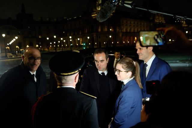 France's Prime Minister Sebastien Lecornu (C) flnaked by President of the Representative Council of Jewish Institutions in France (CRIF) Yonathan Arfi (R), France's Interior Minister Laurent Nunez (L) and France's junior Minister in charge of equality Aurore Berge (2nd R), arrives to attend the annual dinner of the Representative Council of Jewish Institutions of France (CRIF - Conseil Representatif des Institutions juives de France) at the Louvre Carrousel in Paris on February 19, 2026. (Photo by GEOFFROY VAN DER HASSELT / AFP)