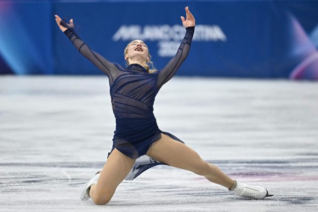 USA's Amber Glenn reacts after competing in the figure skating women's single free skating final during the Milano Cortina 2026 Winter Olympic Games at Milano Ice Skating Arena in Milan on February 19, 2026. (Photo by Gabriel BOUYS / AFP)