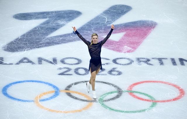 USA's Amber Glenn competes in the figure skating women's single free skating final during the Milano Cortina 2026 Winter Olympic Games at Milano Ice Skating Arena in Milan on February 19, 2026. (Photo by WANG Zhao / AFP)