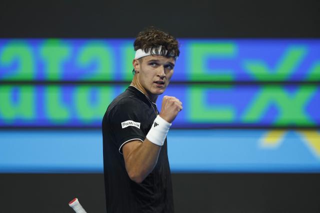 Czech Republic’s Jakub Mensik reacts during their men’s singles quarterfinal match against Italy's Jannik Sinner at the Qatar Open tennis tournament in Doha on February 19, 2026. (Photo by Karim JAAFAR / AFP)