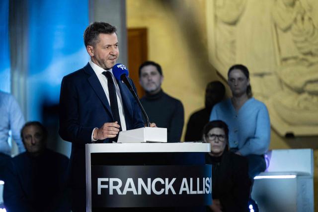 French Rassemblement National (RN) member of Parliament Franck Allisio speaks during a debate organized by BFM-TV and the newspaper La Provence between the main candidates for March 2026 mayoral election at the Palais de la Bourse in Marseille on February 19, 2026;  (Photo by MIGUEL MEDINA / AFP)
