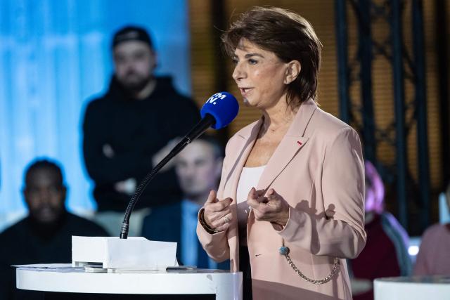 French right-wing Les Republicains (LR) party member Martine Vassal, president of the Bouches-du-Rhone departmental council speaks during a debate organized by BFM-TV and the newspaper La Provence between the main candidates for March 2026 mayoral election at the Palais de la Bourse in Marseille on February 19, 2026;  (Photo by MIGUEL MEDINA / AFP)