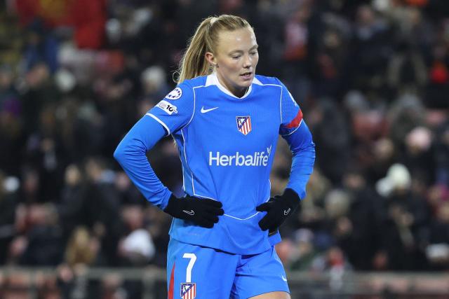 Atletico's Norwegian striker #07 Synne Jensen reacts to their defeat after the UEFA Women's Champions League, knockout round playoff, 2nd leg football match between Manchester United and Atletico Madrid at the Progress With Unity Stadium in Leigh, western Manchester, on February 19, 2026. United won the game 2-0, (5-0 on aggregate) (Photo by Darren Staples / AFP)