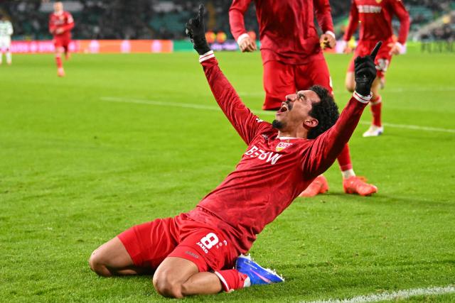 Stuttgart's Portuguese striker #08 Tiago Tomás celebrates after scoring their fourth goal during the UEFA Europa League knockout round playoff, 1st leg football match between Celtic and Stuttgart at Celtic Park in Glasgow on February 19, 2026. (Photo by ANDY BUCHANAN / AFP)