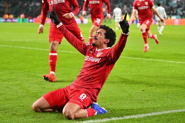 Stuttgart's Portuguese striker #08 Tiago Tomás celebrates after scoring their fourth goal during the UEFA Europa League knockout round playoff, 1st leg football match between Celtic and Stuttgart at Celtic Park in Glasgow on February 19, 2026. (Photo by ANDY BUCHANAN / AFP)