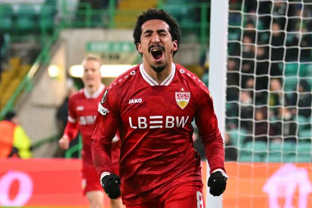 Stuttgart's Portuguese striker #08 Tiago Tomás celebrates after scoring their fourth goal during the UEFA Europa League knockout round playoff, 1st leg football match between Celtic and Stuttgart at Celtic Park in Glasgow on February 19, 2026. (Photo by ANDY BUCHANAN / AFP)