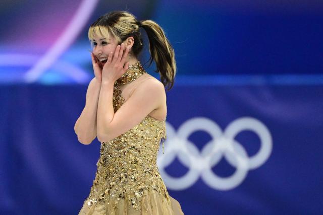 USA's Alysa Liu reacts after competing in the figure skating women's single free skating final during the Milano Cortina 2026 Winter Olympic Games at Milano Ice Skating Arena in Milan on February 19, 2026. (Photo by Piero CRUCIATTI / AFP)