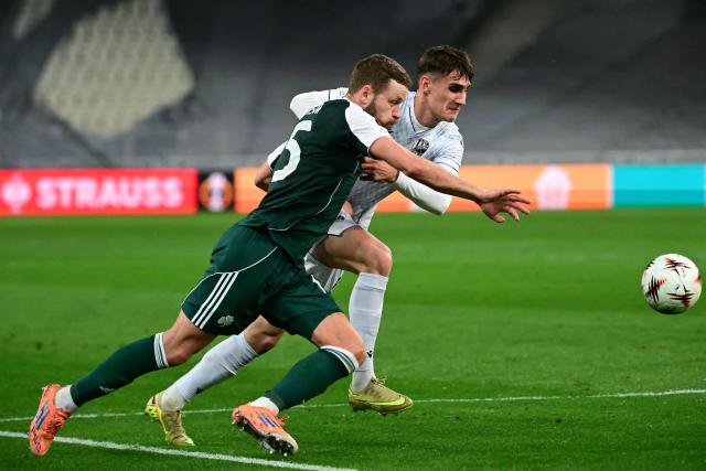 Panathinaikos' Icelandic defender #15 Sverrir Ingason (L) and Viktoria Plzen's Czech midfielder #12 Alexandr Sojkan fight for the ball during the UEFA Europa League - knockout round play-off first leg - football match between Panathinaikos FC and FC Viktoria Plzen at the Olympic Stadium in Athens on February 19, 2026. (Photo by Angelos Tzortzinis / AFP)