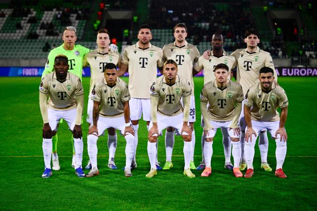 Ferencvaros' players pose for a team photograph ahead of the UEFA Europa League - knockout round play-off first leg - football match between PFC Ludogorets Razgrad and Ferencvarosi TC at the Ludogorets Arena in Razgrad on February 19, 2026. (Photo by Nikolay DOYCHINOV / AFP)