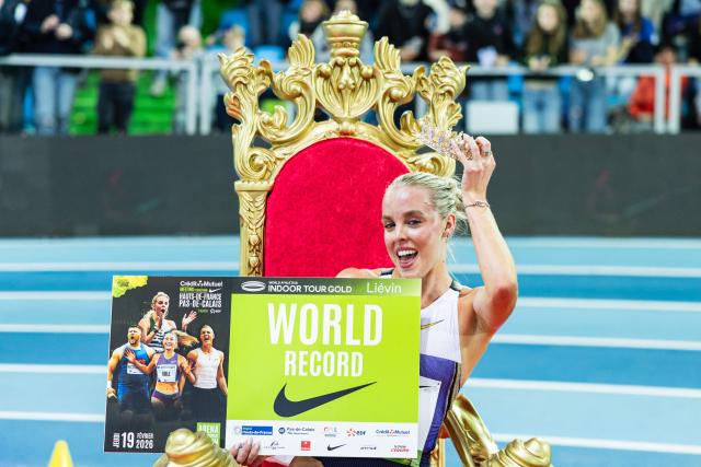 Britain's Keely Hodgkinson celebrates after breaking the world record in the 800m women final at the Athletics meeting "Hauts-de-France Pas-de-Calais" as part of the World Indoor Tour Gold, in Lievin, northern France on February 19, 2026. (Photo by Sameer Al-DOUMY / AFP)