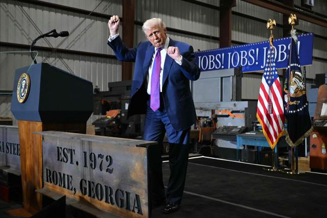 US President Donald Trump dances at the end of his speech after touring the Coosa Steel Corporation factory in Rome, Georgia, February 19, 2025. (Photo by SAUL LOEB / AFP)