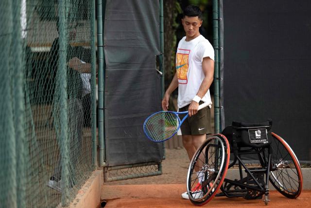 Japanese wheelchair tennis player Tokito Oda leaves the court after a demonstration training session in the framework of the ATP 500 Rio Open tournament in Rio de Janeiro, Brazil on February 18, 2026. Japan's Tokito Oda was a nine-year-old boy who dreamed of becoming a football player when he was diagnosed with bone cancer in his left leg. A decade later, he is the world number one in wheelchair tennis. (Photo by Pablo PORCIUNCULA / AFP)