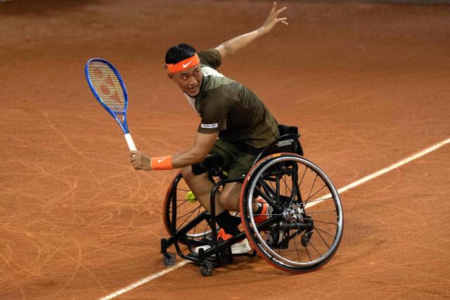 Japanese wheelchair tennis player Tokito Oda plays against Brazilian Daniel Rodrigues during the ATP 500 Rio Open tournament in Rio de Janeiro, Brazil on February 19, 2026. Japan's Tokito Oda was a nine-year-old boy who dreamed of becoming a football player when he was diagnosed with bone cancer in his left leg. A decade later, he is the world number one in wheelchair tennis. (Photo by Pablo PORCIUNCULA / AFP)