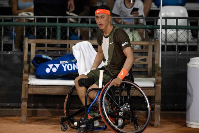 Japanese wheelchair tennis player Tokito Oda plays against Brazilian Daniel Rodrigues during the ATP 500 Rio Open tournament in Rio de Janeiro, Brazil on February 19, 2026. Japan's Tokito Oda was a nine-year-old boy who dreamed of becoming a football player when he was diagnosed with bone cancer in his left leg. A decade later, he is the world number one in wheelchair tennis. (Photo by Pablo PORCIUNCULA / AFP)